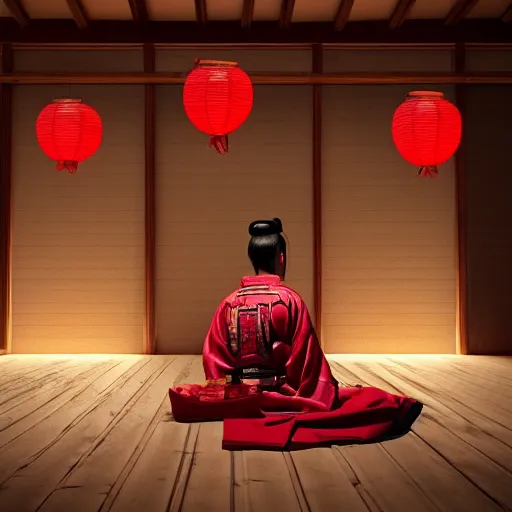 Prompt: a beautiful photograph of a samurai sitting on a wooden dojo floor with red paper lanterns hanging on the ceiling and the walls, trending on artstation, high detail, high quality, 8k, 4k, dramatic lighting, perfect composition