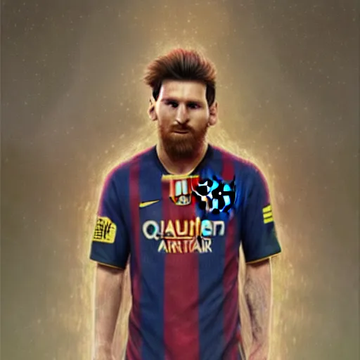 Image similar to leo messi, character art, wearing soccer jersey, cinematic lighting symmetrical facial features, from arknights, hyper realistic, 4 k, rule of thirds, extreme detail, detailed drawing, trending artstation, realistic lighting, by alphonse mucha, greg rutkowski, short neck