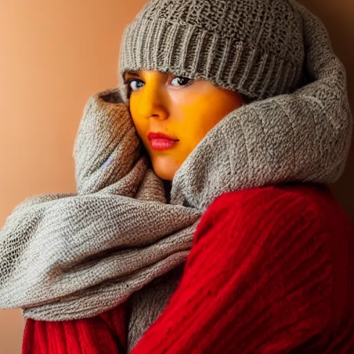 Prompt: a cozy photo of a woman. red yellow.