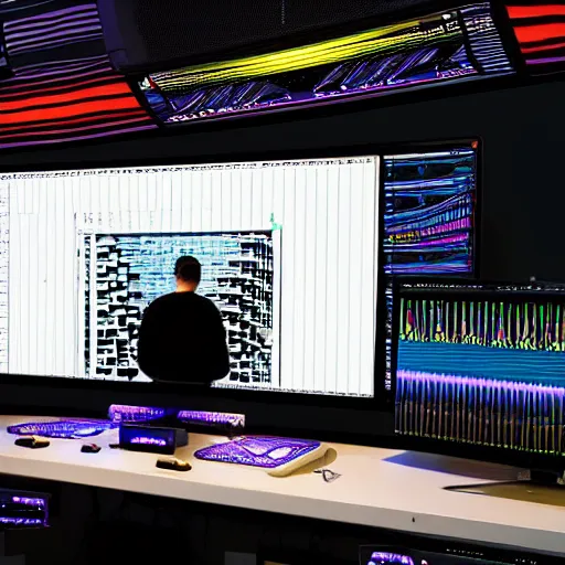 Prompt: “a virtual reality developer testing out an augmented reality demo of an music spectrum analyzer overlaid on a production workstation in a studio with speakers, colorful stylized digital art”