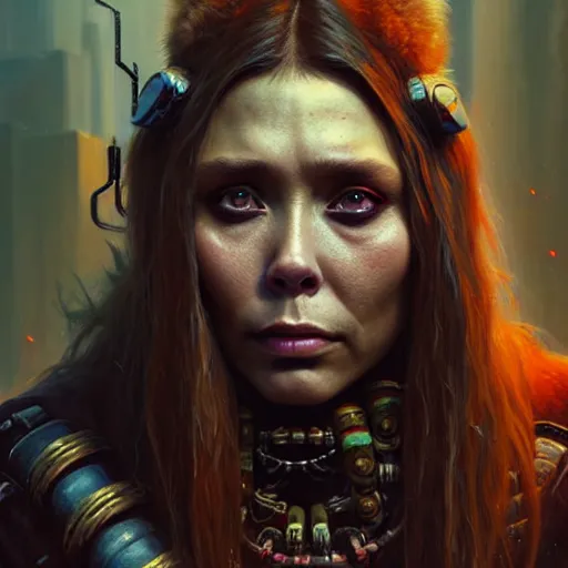 Prompt: portrait painting of a cyberpunk orc shaman extremely muscular ugly elizabeth olsen, ultra realistic, concept art, intricate details, eerie, highly detailed, photorealistic, octane render, 8 k, unreal engine. art by artgerm and greg rutkowski and charlie bowater and magali villeneuve and alphonse mucha