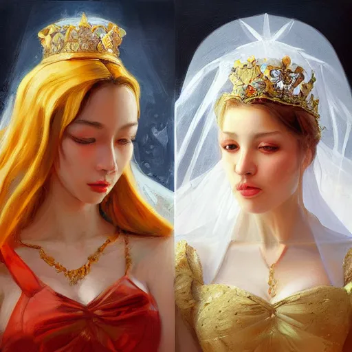 Image similar to two queens in illegal marriage, high vertical symmetry, photorealistic oil painting, beautiful, oil, vintage shading by Artgerm and ilya repin, artstation