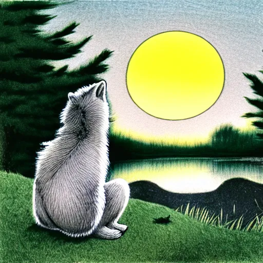 Image similar to view from behind of fluffy baby grey wolf sitting on the shore of a pond, looking out at a sunset, award winning illustration by maurice sendak and don freeman