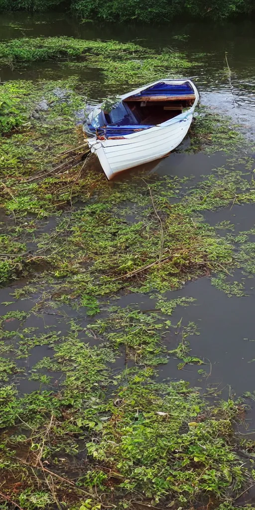 Prompt: a boat in a beautiful leak with nature around it