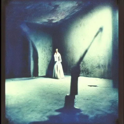 Image similar to polaroid by andrei tarkovsky and stephen gammell, surreal vogue photo shoot inside ruined theater, rim light, shot at night with studio lights, liminal space, photorealistic, high definition, technicolor, award - winning photography, masterpiece, amazing colors,