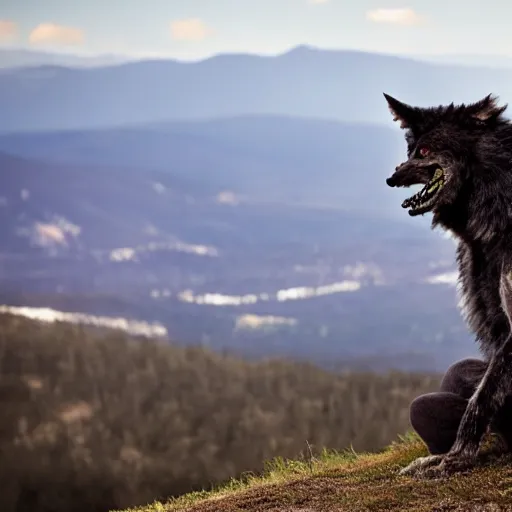 Image similar to a terrifying werewolf fursuit looking out over the hills, editorial photography for national geographic