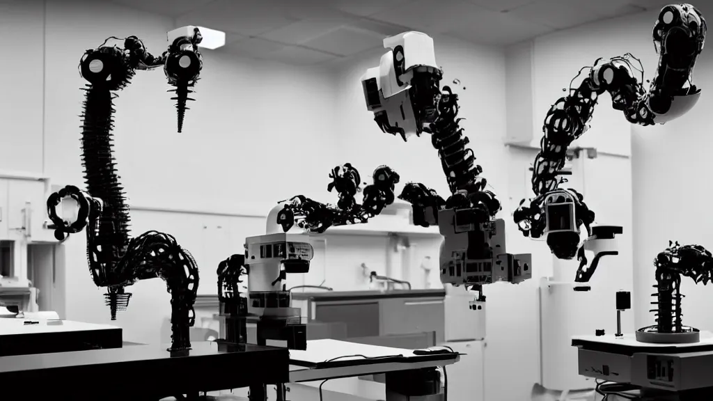 Image similar to a complex bifurcated robotic cnc surgical arm hybrid mri 3 d printer machine making black and white ceramic mutant forms in the laboratory inspection room, film still from the movie directed by denis villeneuve with art direction by salvador dali, wide lens