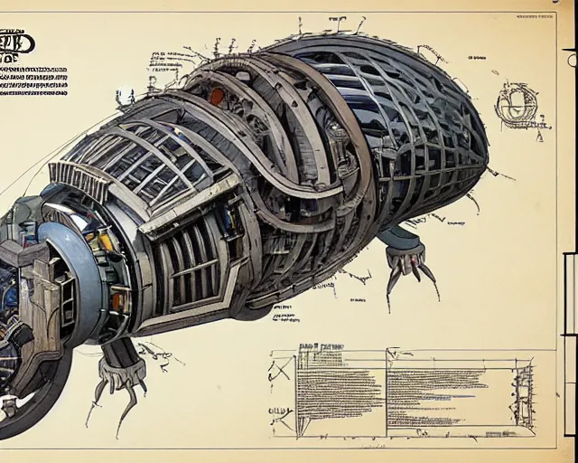 Image similar to a full page of a mechanical blueprint showing a design for a mechanized sloth from howl's moving castle ( 2 0 0 4 ), with a big head, muted colors, post grunge, studio ghibli, hq,