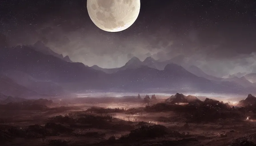 Image similar to a beautiful landscape at night, big moon on the right, stars in the sky, matte painting, dark blue tones, high contrast, intricate details, concept art, 4 k