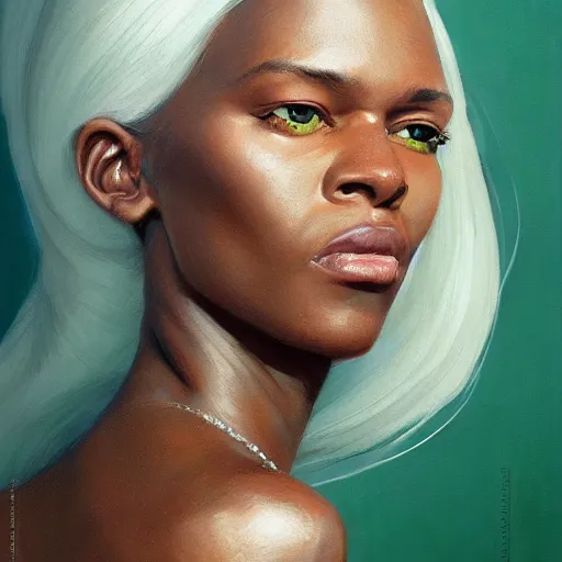 Image similar to A head-on detailed oil portrait of a dark-skinned woman with pale green eyes and long white hair by greg rutkowski and artgerm, trending on artstation