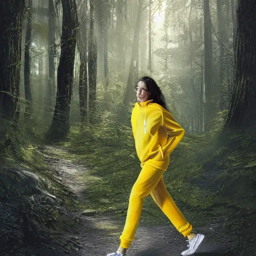 Prompt: Big wall poster artwork of forest by Michael Whelan, Rendering of a dead woman wearing yellow velor sweat suit and dirty heavily worn white keds slip on tennis shoe with toes pointing up covered by dark colored leaves and twigs from the calf and up, Matte painting, trending on artstation and unreal engine