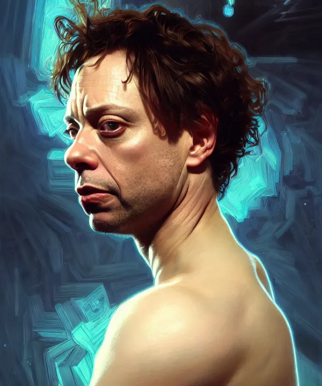 Image similar to portrait of chris kattan strung out on surge, posed, intricate, headshot, highly detailed, digital painting, artstation, concept art, sharp focus, cinematic lighting, illustration, art by artgerm and greg rutkowski, alphonse mucha, cgsociety