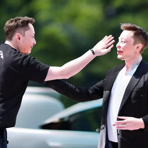 Image similar to Elon Musk high-fiving an Elon Musk clone, highly detailed, high quality, HD, 4k, 8k, Canon 300mm, professional photographer, 40mp, lifelike, top-rated, award winning, realistic, sharp, no blur, edited, corrected, trending