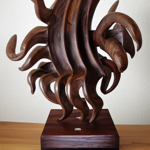 Image similar to wooden sculpture of cthulhu attacking a spaceship, polished maple, thoughtful, elegant, real