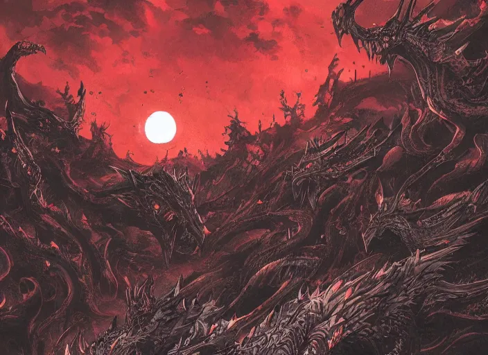 Image similar to a landscape of the hell by takeshi obata and mike mignola, hell, dragons, red and black colors, colors, abandoned buildings, trees with faces, night sky, highly detailed, cgsociety, artstation, very detailed