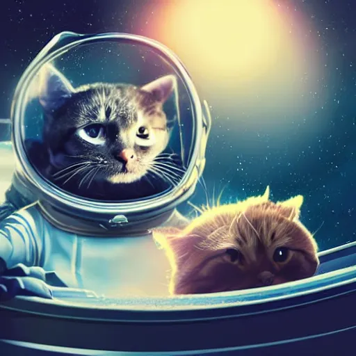 Image similar to a cute cat wearing a space helmet floating through an inter-dimensional gateway in space, dramatic lighting, cinematic, digital art