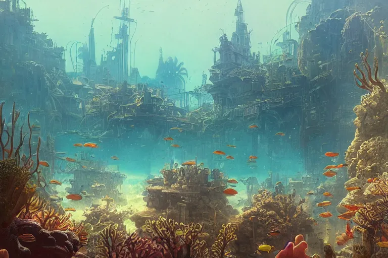 Prompt: a scenic view of the lost and abandoned city of Atlantic under water, ray of sunlight, coral reefs, fish flocks, Greg Rutkowski, Moebius, Mohrbacher, Mucha, blue and gold color scheme, ultra wide angle, light effect