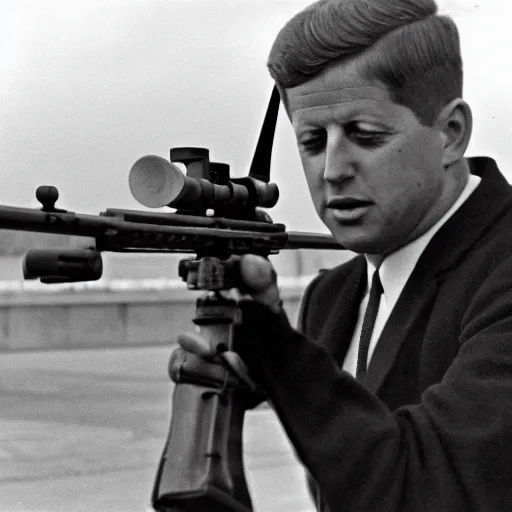 Image similar to John Kennedy holding a sniper and self aiming at the 1963 bombing, polaired