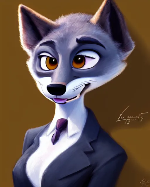 Image similar to oil painting of anthromorphic female wolf, in style of zootopia, female fursona, furry, furaffinity, 4 k, deviantart, furry art, fursona art, wearing black business suit, business suit, wolf fursona, female, very expressive detailed feminine face,