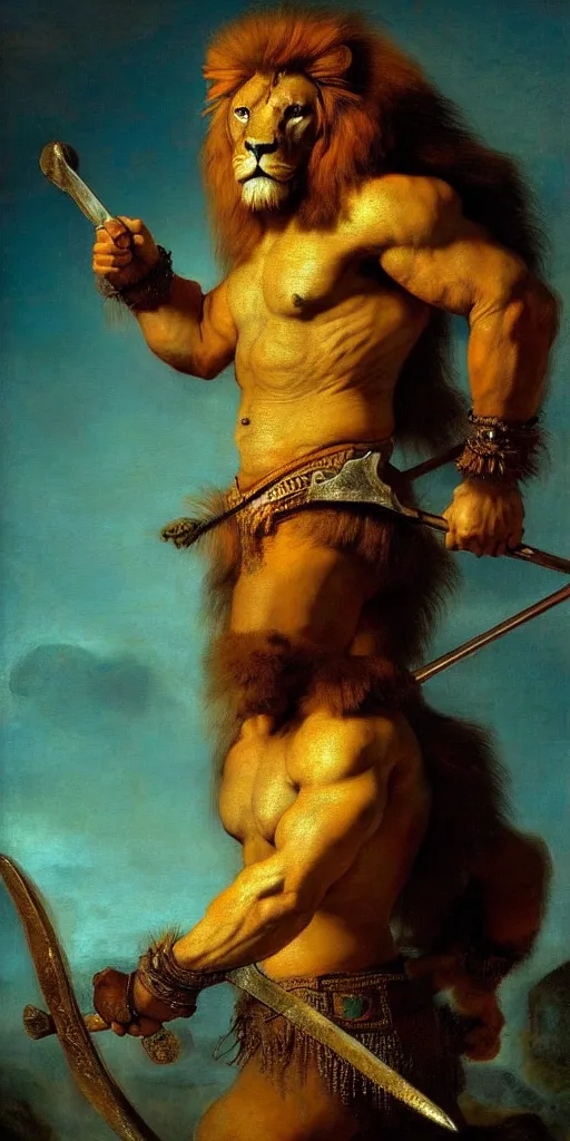 Prompt: close up of muscular lion barbarian hunter full body in portrait pose, sun rays , small bird sihouettes in cyan background , very textured detailed oil painting by rembrandt , hard backlight , in dark cave