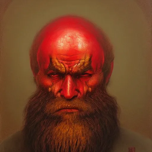Image similar to Angry Bearded Miner portrait, dark fantasy, red and gold, artstation, painted by Zdzisław Beksiński and Wayne Barlowe