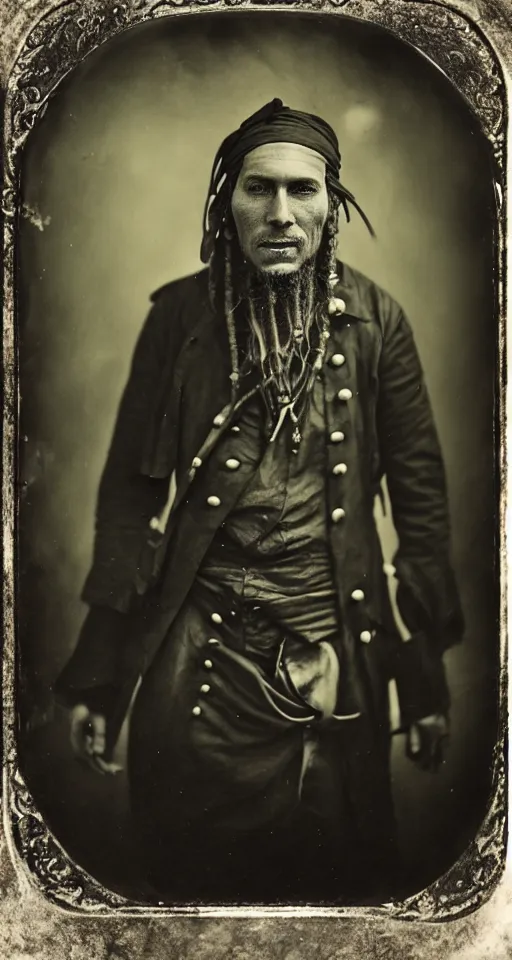 Image similar to a wet plate photograph, a portrait of an old pirate