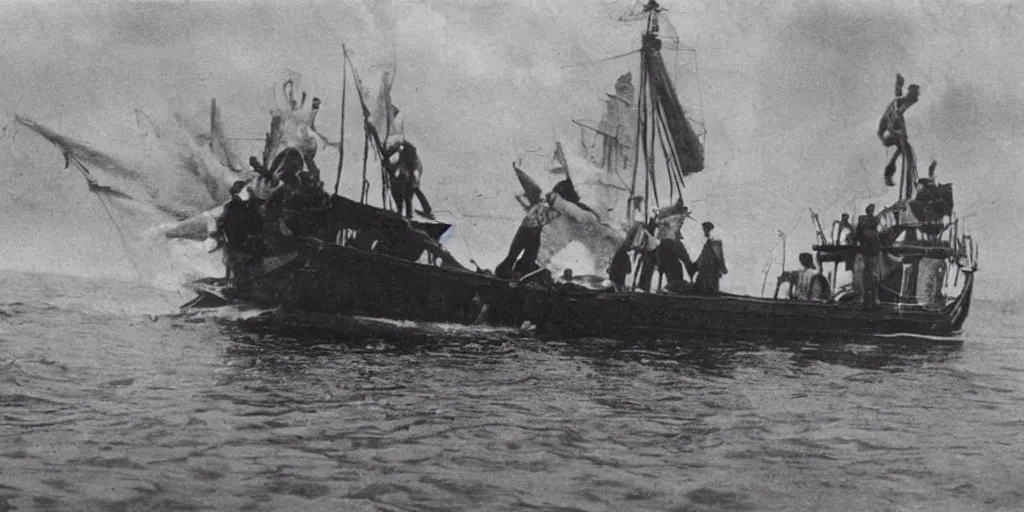 Image similar to a boat being grabbed by a giant underwater hand while people run away, 1 9 0 0 s photograph