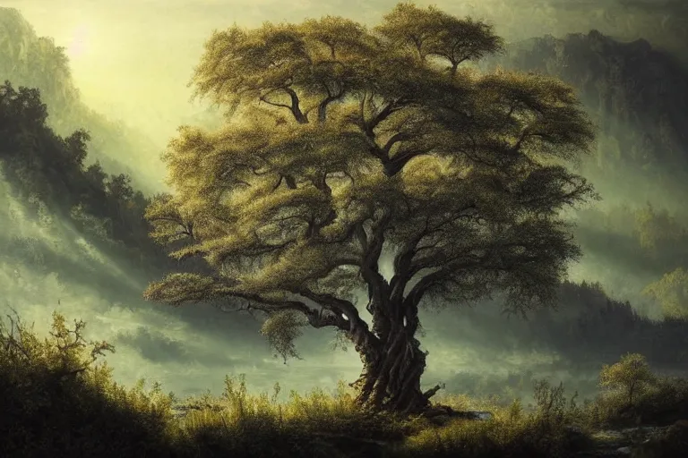 Image similar to masterpiece painting of the old man willow ebony tree of life on a hillside overlooking a creek | dramatic lighting | malign tree - spirit of great age | hyperrealism concept art of highly detailed by andreas franke