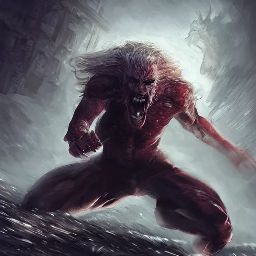 Image similar to a battle between the vampire and the werewolves, action pose, digital painting, WLOP, trending on artstation, 8k, epic composition, highly detailed, sharp focus