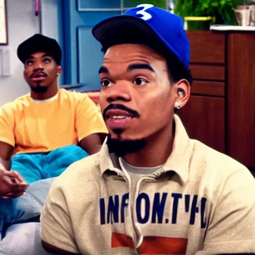 Prompt: a tv still of Chance The Rapper starring as a college student in a 1990 tv sitcom, 40mm lens