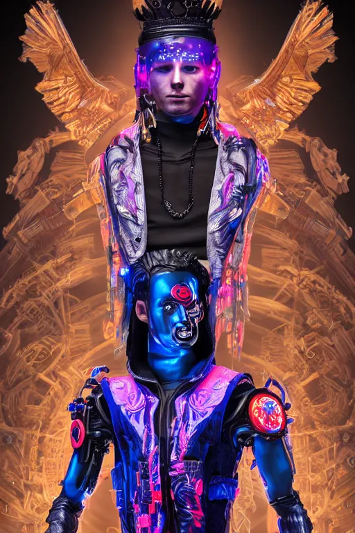 Image similar to full-body cyberpunk style sculpture of a young handsome Colombian prince half android with a chest opening exposing circuitry and electric sparks, glowing pink eyes, crown of blue flowers, flowing salmon-colored silk, fabric, raptors. baroque elements. full-length view. baroque element. intricate artwork by caravaggio. many many birds birds on background. Trending on artstation, octane render, cinematic lighting from the right, hyper realism, octane render, 8k, depth of field, 3D