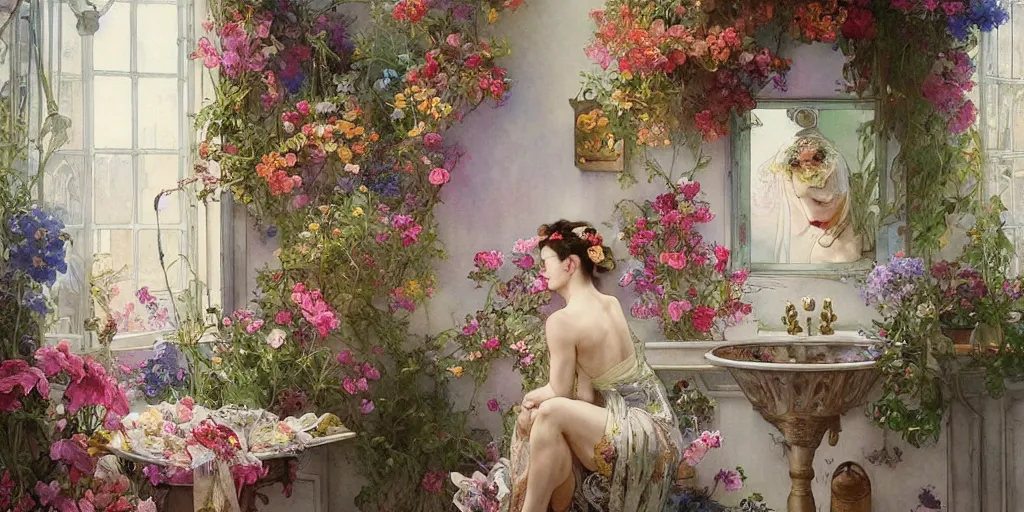 Prompt: a beautifull intricate watercolor painting of a bathroom with flowers, reflexions, verry high details, colorfull, by william turner art, by greg rutkowski, by alphonse mucha, by james jean, by rossdraws, by frank franzzeta, by sakimichan, trending on artstation, very very detailed, masterpiece,