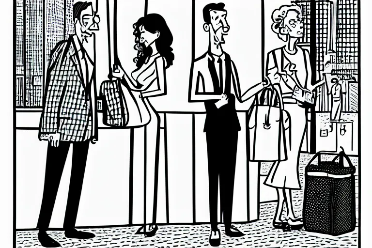 Image similar to tall, security guard checks the bags of a worried looking couple, man and woman, art in the style of the new yorker