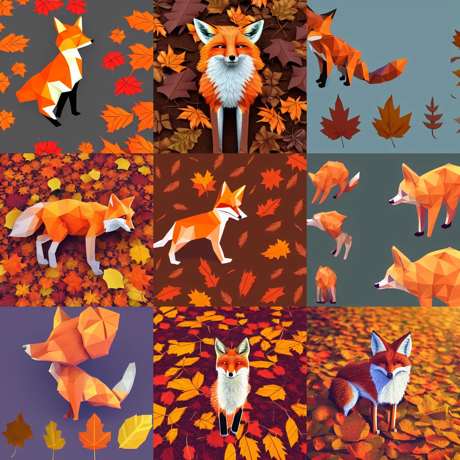 Image similar to super detailed lowpoly fox standing on hyper detailed lowpoly autumn leaves autumn leaves autumn leaves autumn leaves