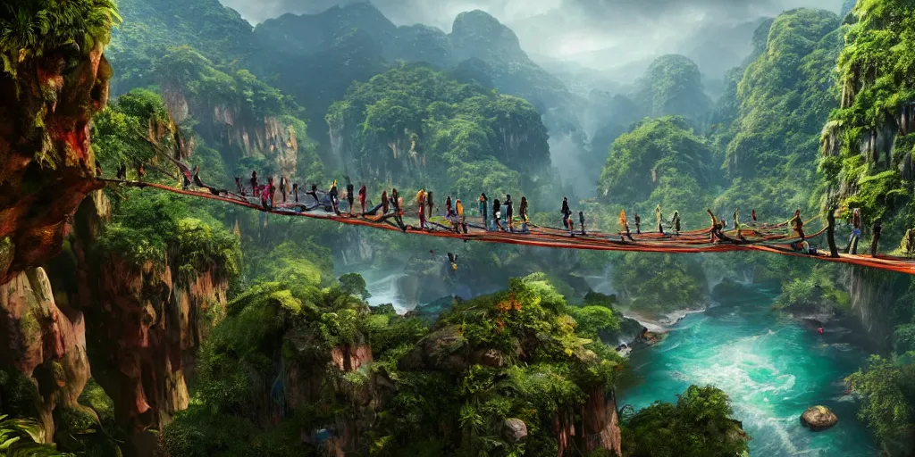 Image similar to wide angle view of colorful clothing fashion models crossing a suspended rope bridge over a deep canyon, mountainous jungle setting, trees, waterfall, river, rocks, dramatic lighting, highly detailed, artstation, unreal engine, matte painting in the style of craig mullins, Uncharted 4, fish eye lens, 8k HDR