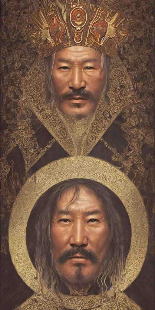 Image similar to a stunning and noble highly detailed romantic period style portrait of Genghis Khan by Josep Tapiró Baró, trending on artstation, oil painting masterpiece, symmetry, fractals, Mongolian iconography