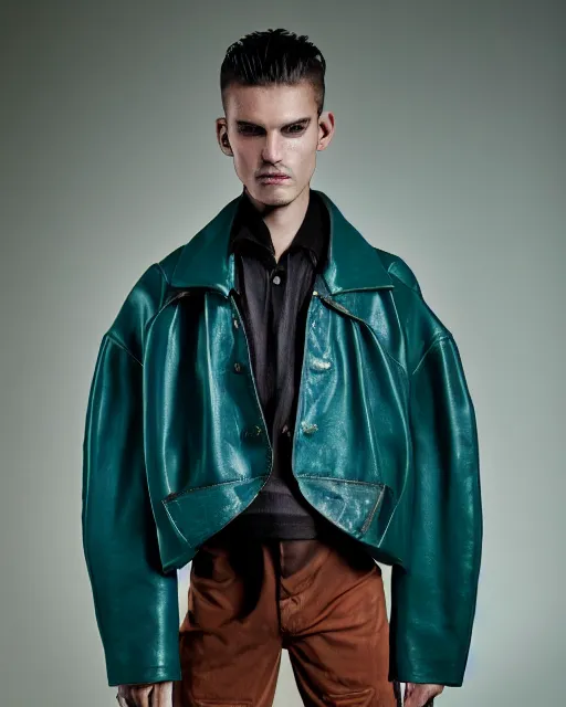 Prompt: an award - winning photo of a male model wearing a cropped baggy teal distressed medieval leather menswear harrington jacket by issey miyake, 4 k, studio lighting, wide angle lens