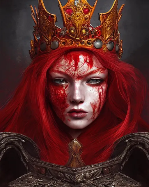 Prompt: redhead queen in heavy red armor, inside an epic gothic castle, baroque, large crown helmet, face with scars, psychopath, aristocratic, intimidating, ominous, high fantasy, intricate detail, digital painting, artstation, concept art, smooth, sharp focus, illustration, art by yoshitaka amano and monia merlo and wlop