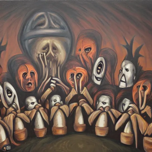 Image similar to several hooded disciples in purge masks, gathered in a brutalist courtyard, performing incantations over a fire in a barrel, by PJ Crook, oil on canvas