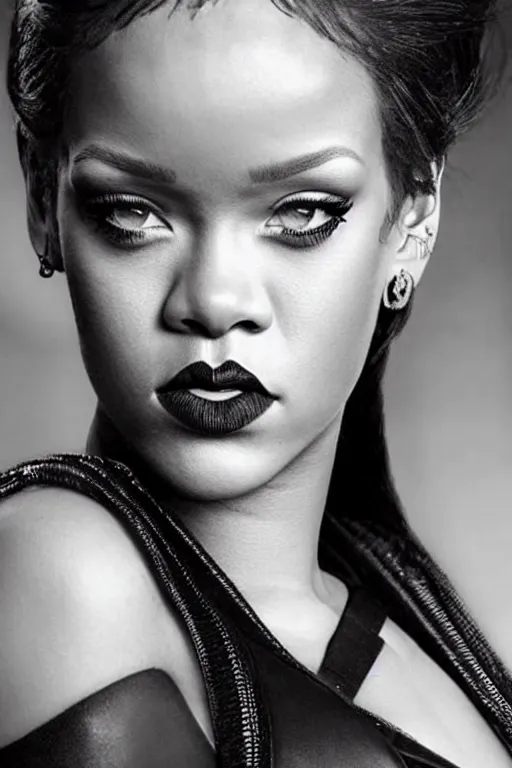 Image similar to rihanna as black widow in avengers, realistic portrait photography, very detailed face