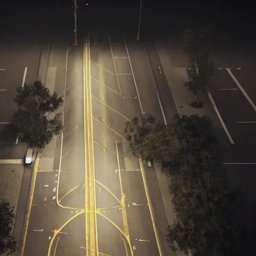 Image similar to A stunningly beautiful award-winning 8K high angle from 2nd floor cinematic movie photograph looking down diagonally across a spooky dark very foggy empty lightless moonlit main street intersection in an abandoned 1950s small town at night. perfect composition, moody low key backlit. Color palette from Seven, greens yellows and reds. 2 point perspective. Octane render, dense fog, no lights