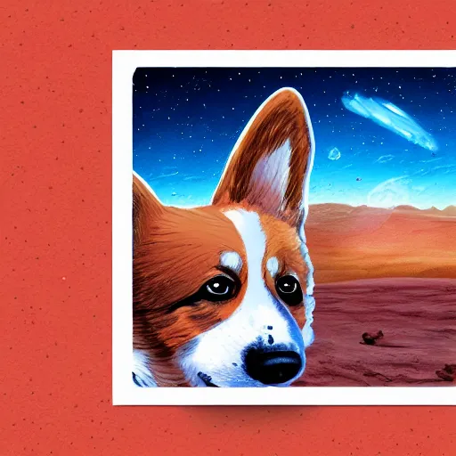 Image similar to a corgi on mars, detailed digital illustration, hyperrealistic