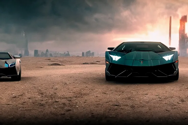 Prompt: A cinematic film still of a Lamborghini in the movie Blade Runner 2049.