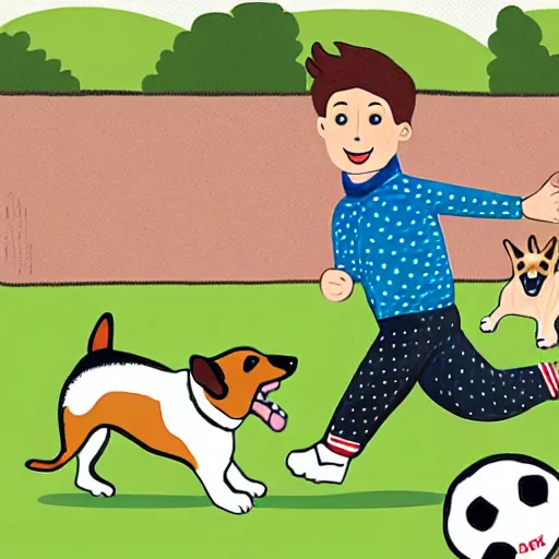 Image similar to illustration of french boy in paris playing football against a corgi who is wearing a polka dot scarf