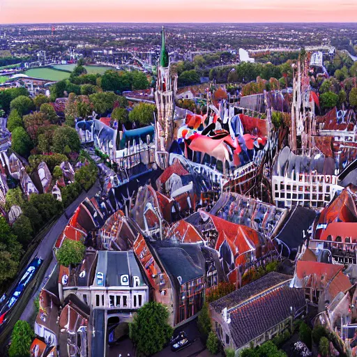 Prompt: an extremely detailed panoramic photo of the utrecht dom tower. picture taken from a high altitude at sunset with a wide angle lens. canon drone shot 5 0 mm