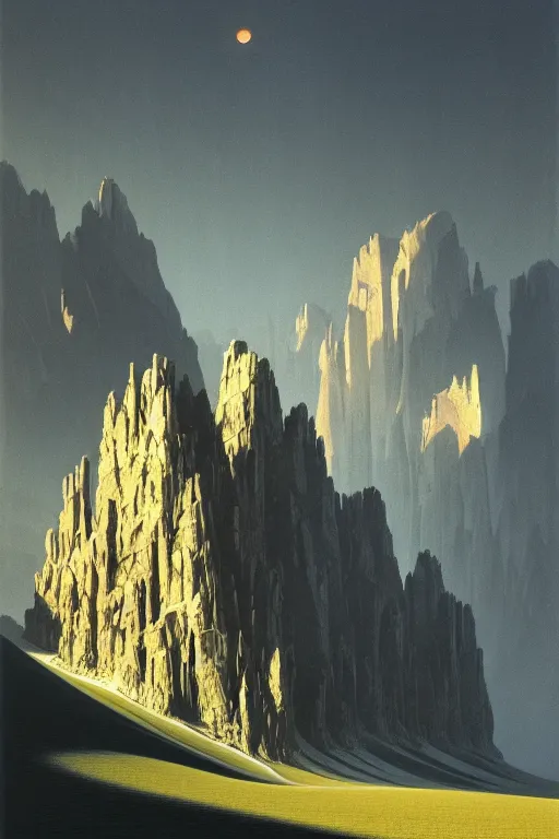 Image similar to a scene in the dolomites by arthur haas and bruce pennington and john schoenherr, cinematic matte painting, minimal modern, zaha hadid building, dark moody color palate,