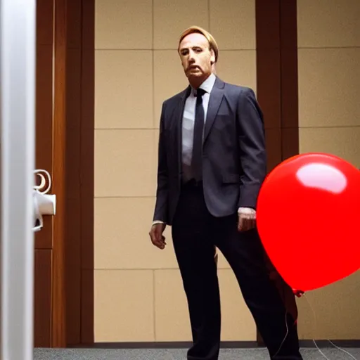 Prompt: still from better call saul, saul goodman in court with red ballon, cinematic shot