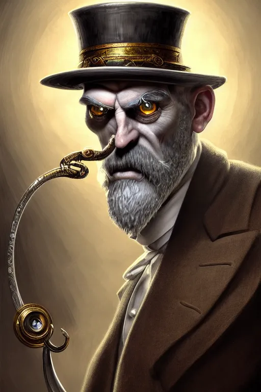 Prompt: silver monocle, portrait of a middle aged grey haired man with a top hat in the style of god of war, golden machine parts, intricate, elegant, highly detailed, digital painting, artstation, concept art, smooth, sharp focus, illustration, art by artgerm and greg rutkowski and alphonse mucha, 8 k