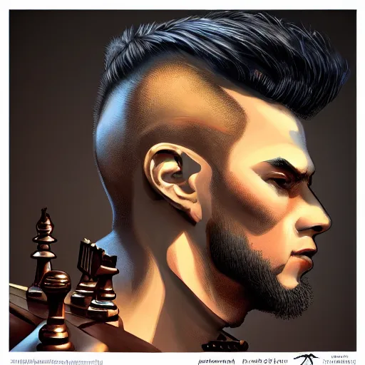 Prompt: knight with mowhawk playing chess, high detail, digital art, smooth, featured on artstation