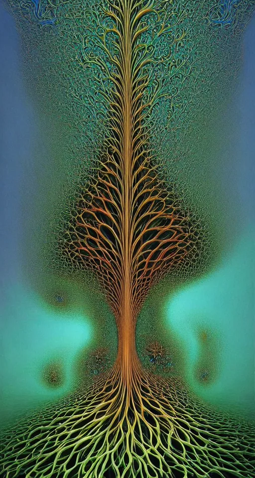 Image similar to 3d fractal wallpaper by zdzisław beksiński, colorful, magic tree!!!!!!!!!!!!!!!!!!!!!!!!!!!!!!!!!!!!!!, dmt, tripy, psychedelic!!!!!!!!!!!!!!!!!!!!!!!!!!!!!, mandelbulb 3d, digital art, high details, depth of field, hard lighting, trending on artstation, deviantart, octane render, HD, 8k, low light, black background